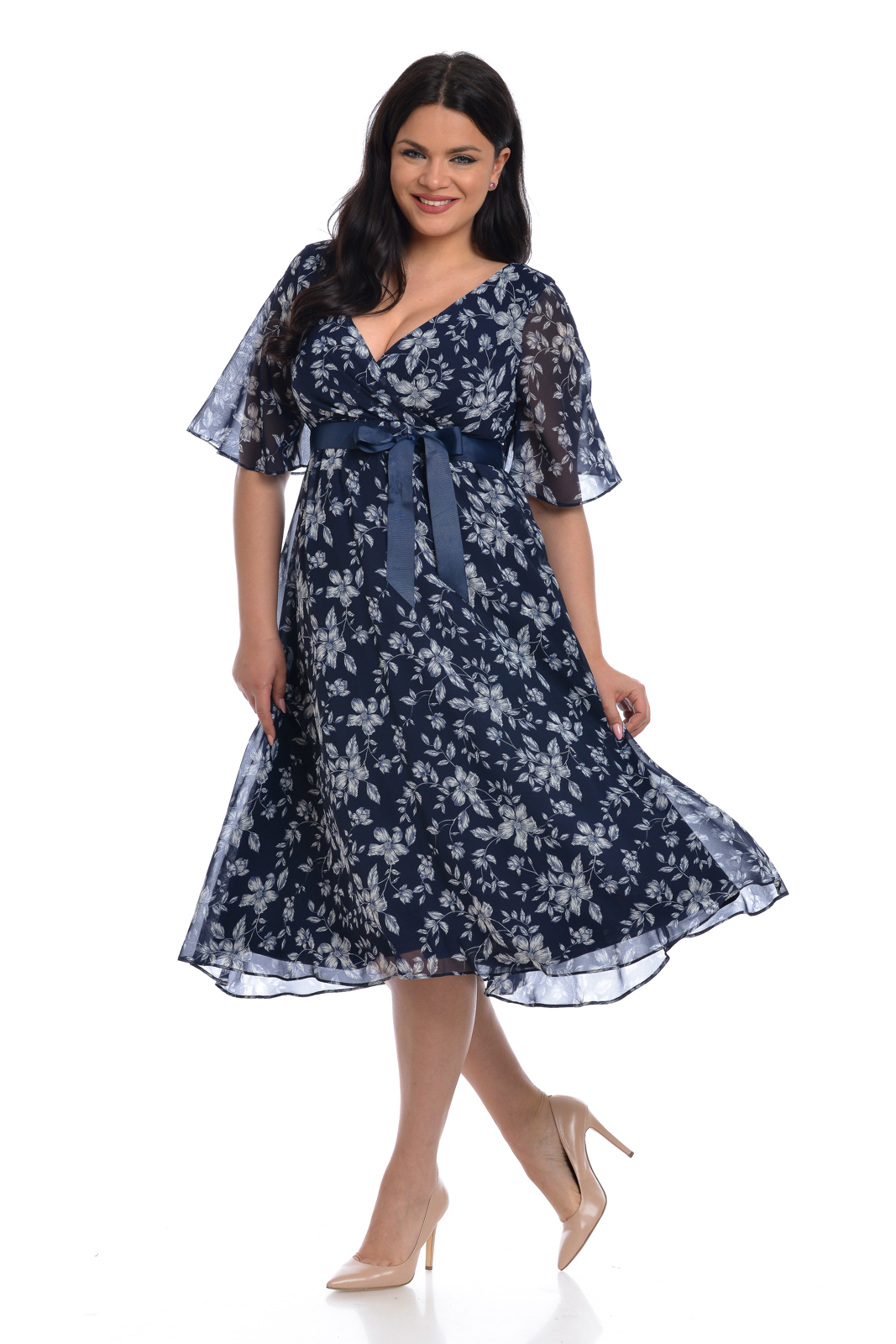 Rochie voal DV22R36 bleumarin/alb floral, Dress to Impress | marimea 34