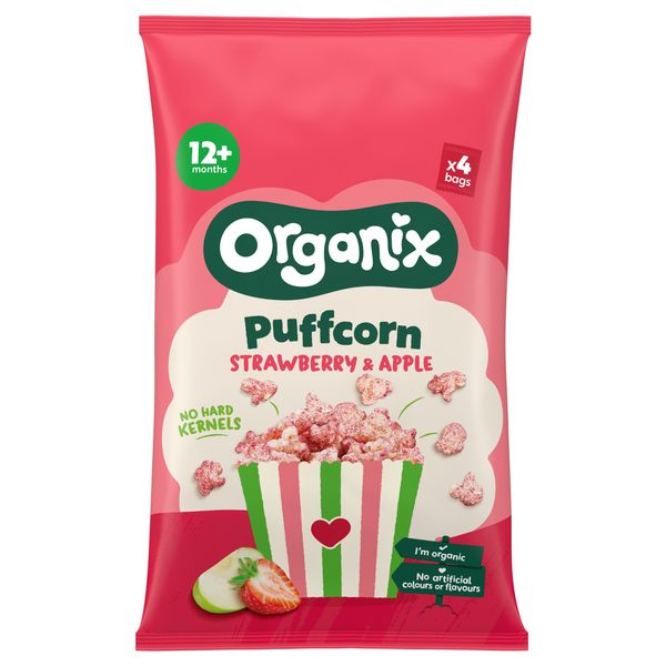 Puffcorn Snack Bio cu Capsuni si Mere, 12 luni+, Organix | 4 x 10 g