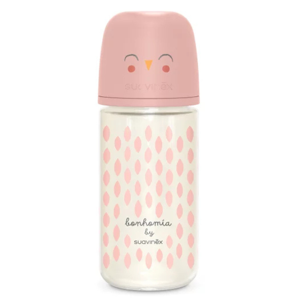 Biberon din sticla cu tetina SX Pro cu debit mediu, roz, Bonhomia, Suavinex | 240 ml