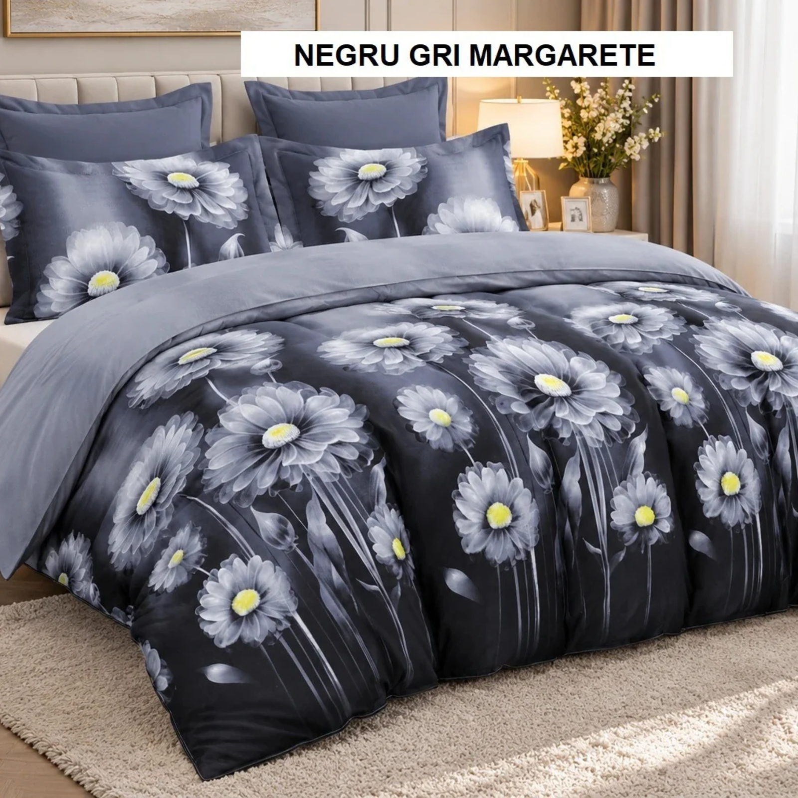 Lenjerie pat cu husa FINET (6 piese) negru gri margarete 180x200 cm, Ralex | 1 buc