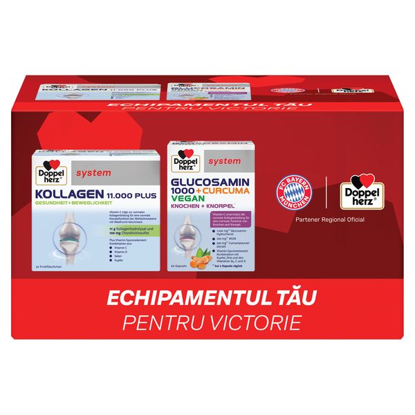 Doppelherz System kollagen 11.000 Plus + Doppelherz System glucozamina 1000 + curcuma vegan, Queisser Pharma | 30 flacoane + 60 capsule