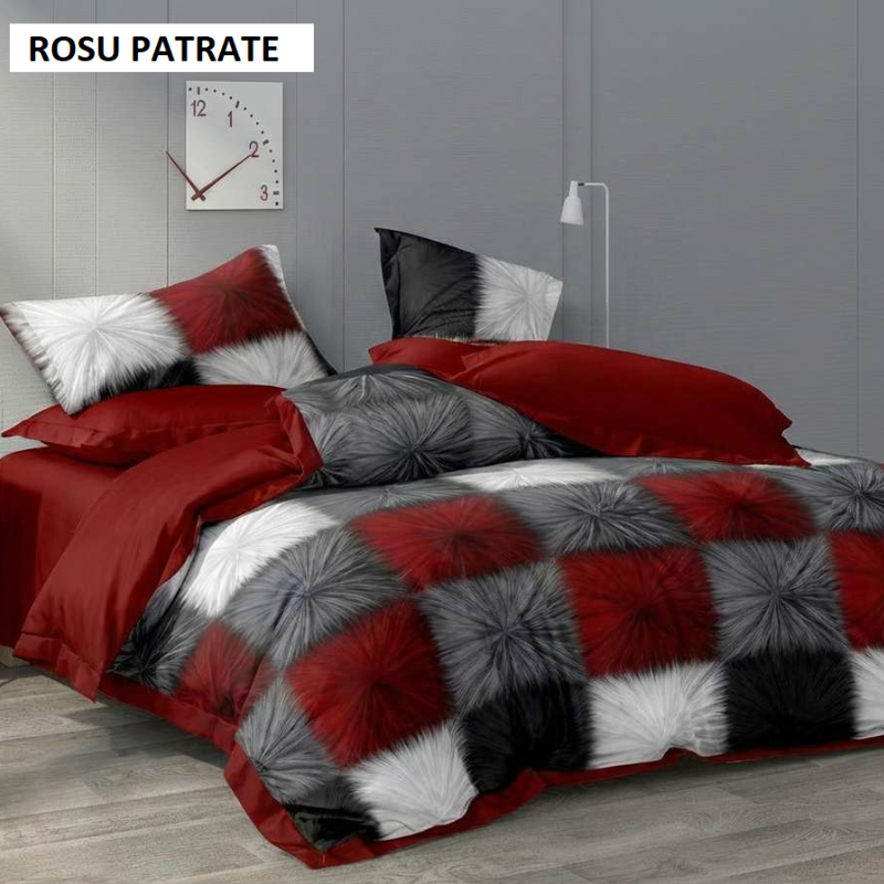 Lenjerie pat cu husa FINET (6 piese) rosu patrate 180x200 cm, Ralex | 1 buc