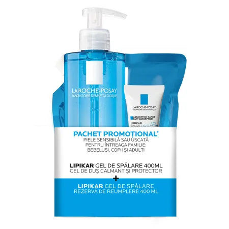 PACHET - Gel de dus calmant Lipikar si Rezerva + Balsam Lipikar Baume Light AP+M, La Roche-Posay | 400ml+400ml+15ml  Gel de duș calmant pentru pielea sensibilă sau uscată Lipikar + Rezervă eco