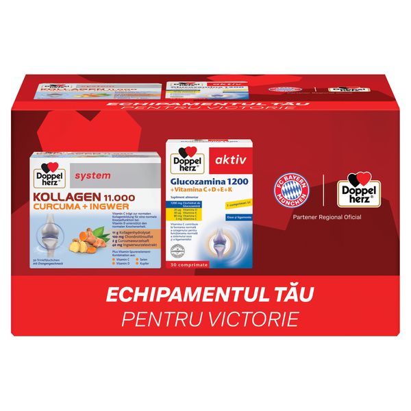 Doppelherz System kollagen 11.000 curcuma + ghimbir + Doppelherz Aktiv glucozamina 1200MG, Queisser Pharma | 30 flacoane + 30 comprimate 
