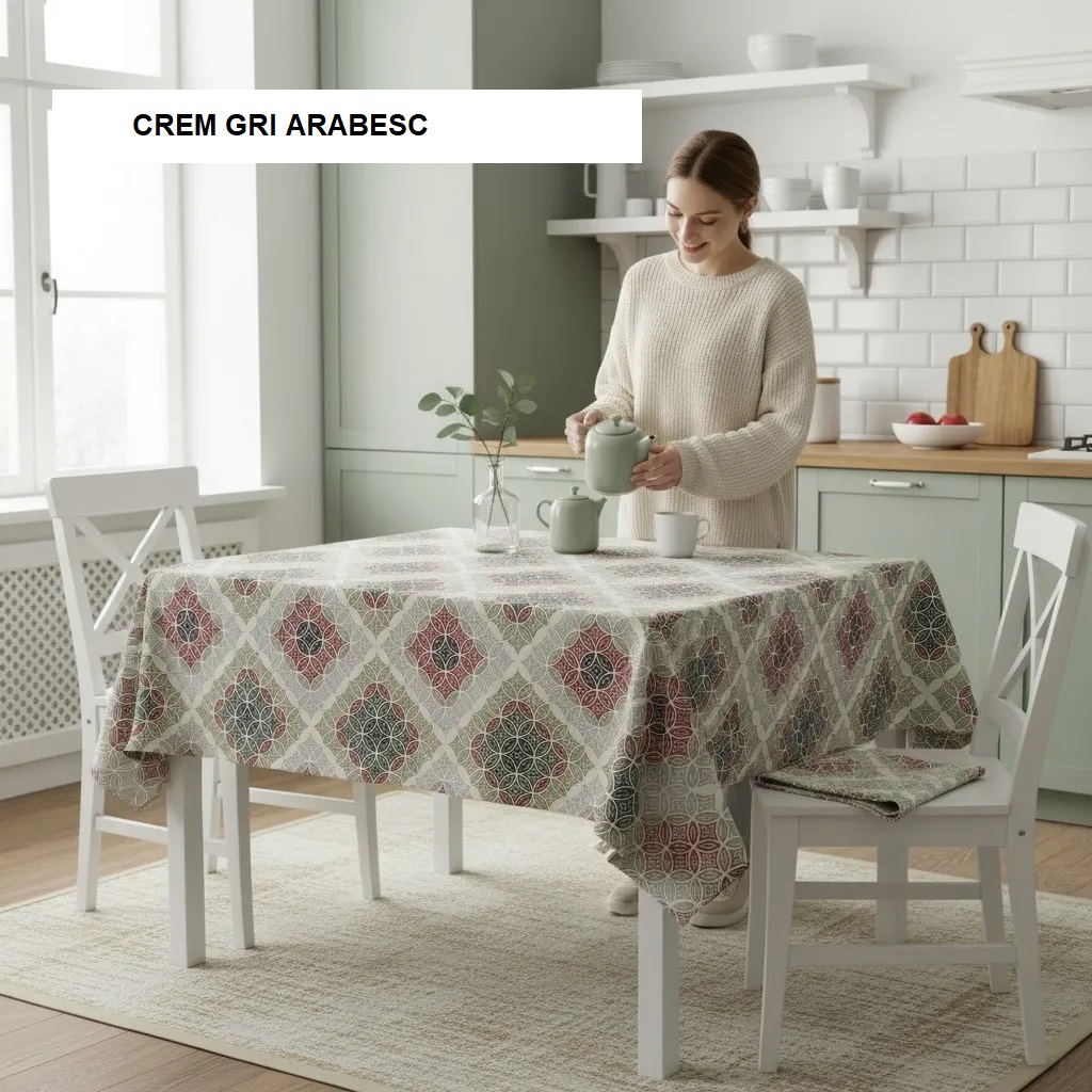 Fata de masa teflonata antimurdarire crem gri arabesc 140x180 cm, Ralex | 1 buc