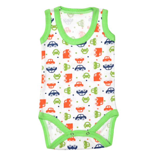 Body maiou/2 capse RB01 alb/imprimeu masinute/verde, Rombaby | 12/18 luni