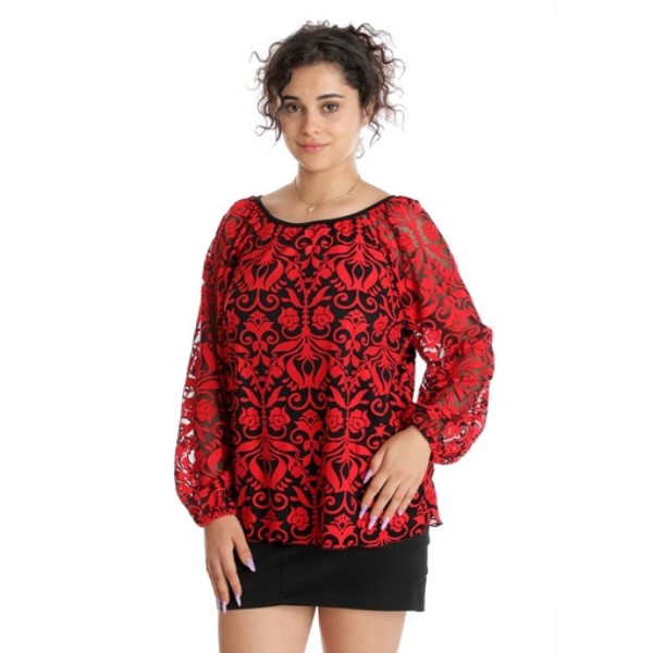 Bluza tulle & insertie florala CT24100 negru & rosu, Cesy | marimea XXL