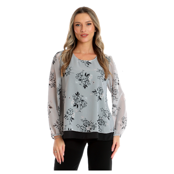 Bluza voal dublu CP25024 gri floral/negru, Cesy | marimea M