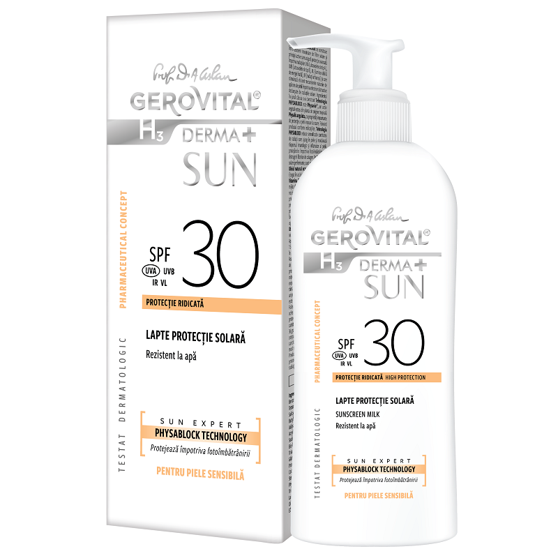 Lapte protectie solara SPF 30 H3 Derma+ Sun, Gerovital, Farmec | 150 ml