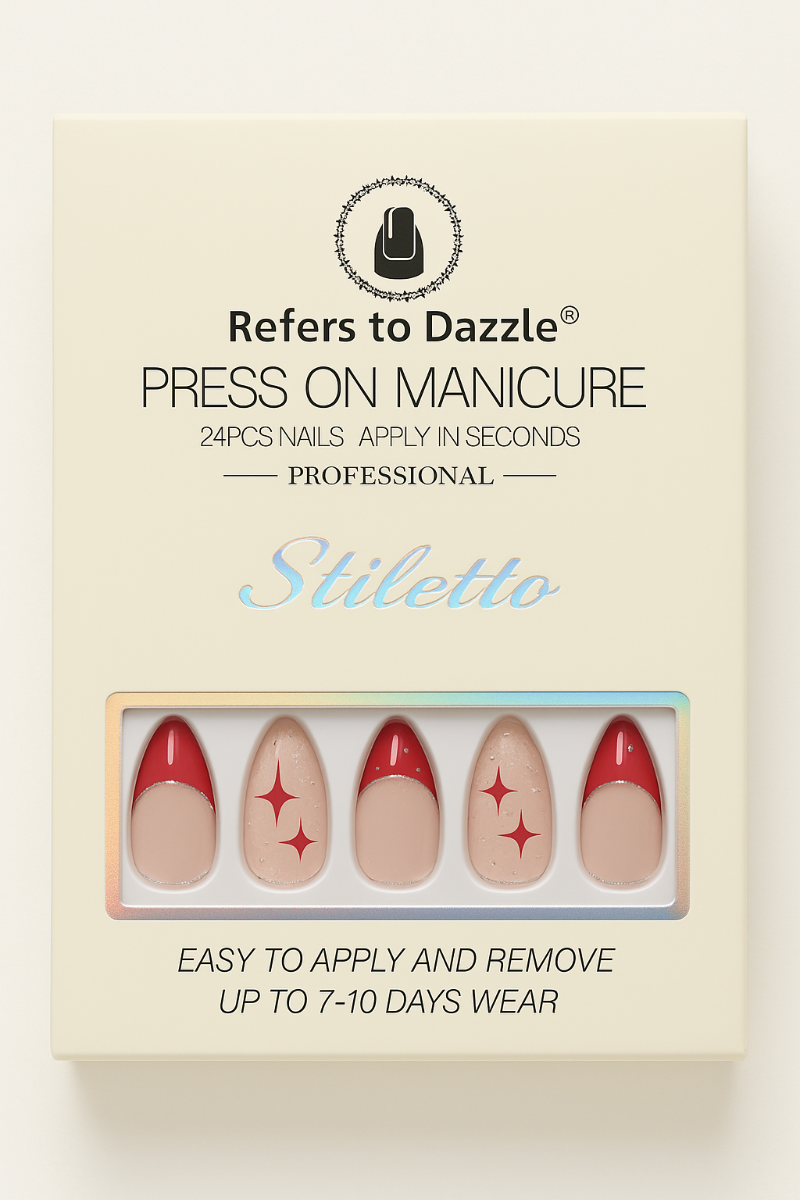 Set 24 Unghii False Stiletto Red Stars A015