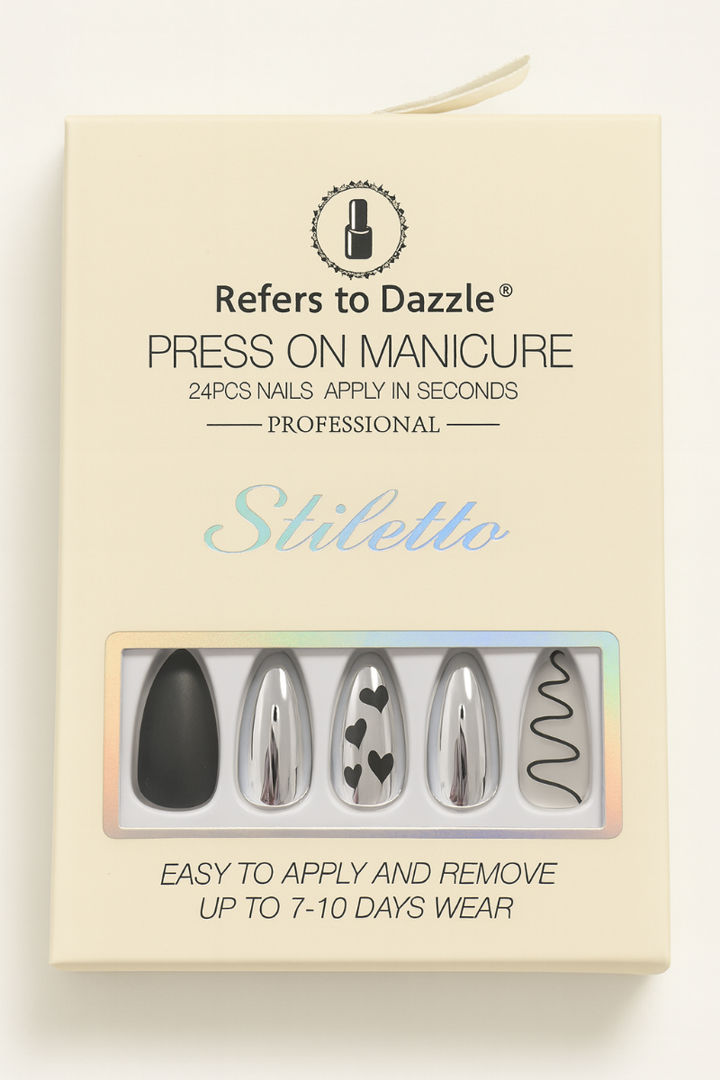 Set 24 Unghii False Stiletto Black & Chrome Art Press On B002