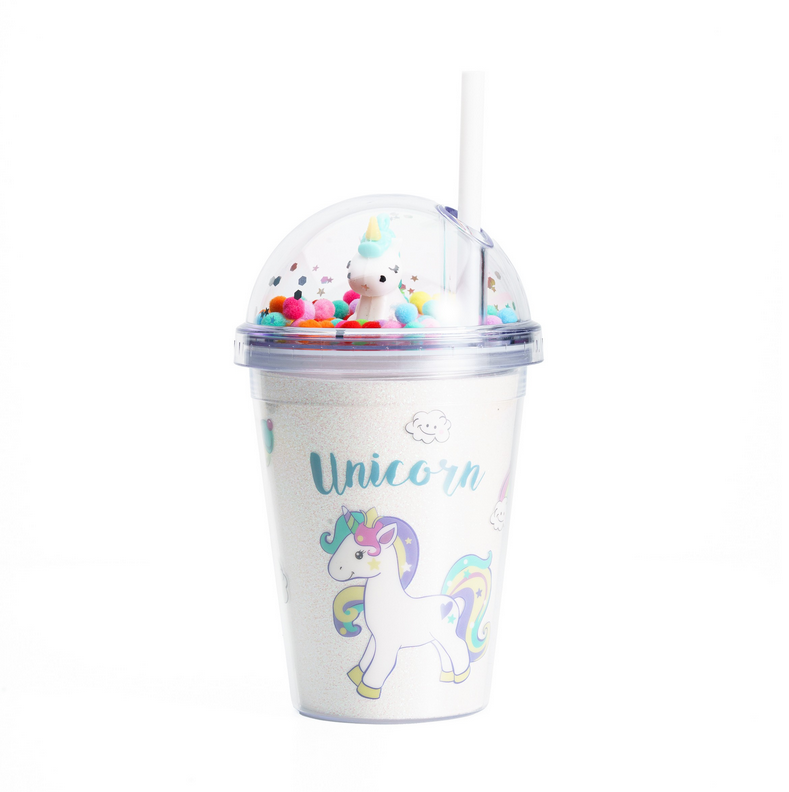 Cana cu Pai, Model Unicorn si Pom-Pom, Multicolor, Plastic, 300 ml  MIX15001