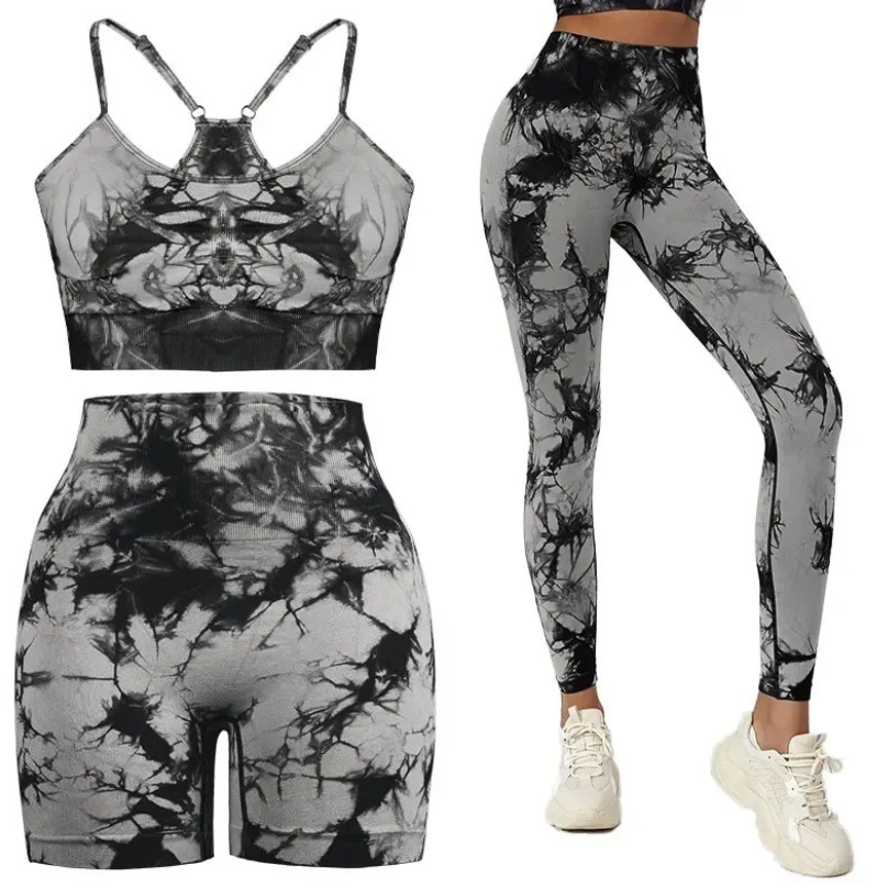 Set pentru Sala Grey/Black 3 piese, Pantalon scurt si Colanti plus Bustiera, Model Tie-Dye - M, MIX15470-2142