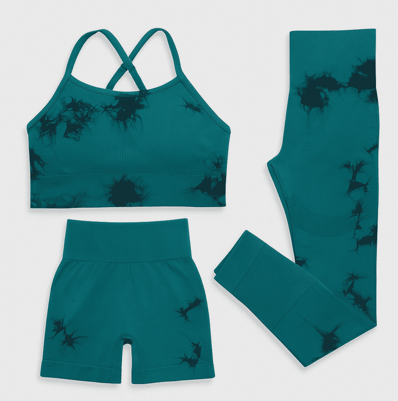 Set pentru Sala Green/Black 3 piese, Pantalon scurt si Colanti plus Bustiera, Model Tie-Dye - L, MIX15471-2146
