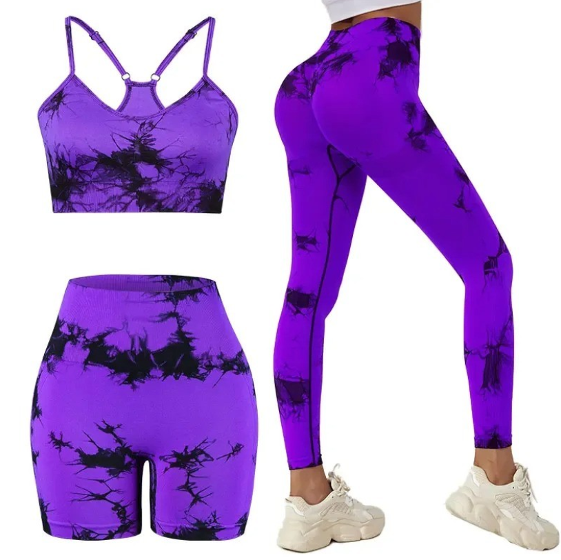 Set pentru Sala Purple/Black 3 piese, Pantalon Scurt, Colant si Bustiera, Model Tie-Dye - L, MIX15472-2149