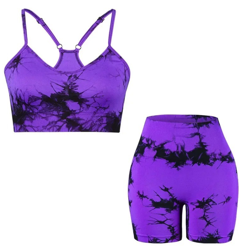 Set pentru Sala Purple/Black 2 piese, Pantalon Scurt si Bustiera, Model Tie-Dye - S, MIX15478-2165