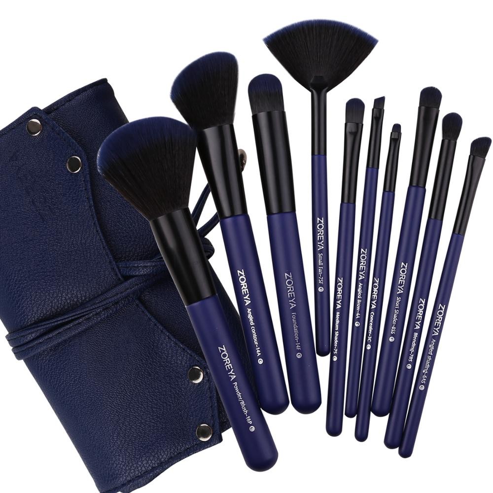 Set 10 Pensule Pentru Machiaj cu Husa Profesionale, Zoreya,Albastre