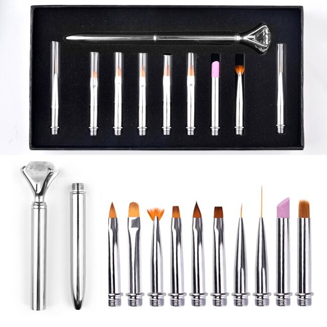 Pensule Unghii cu Rezerve, Set 10Buc cu Cristale, Tip Stilou, Silver