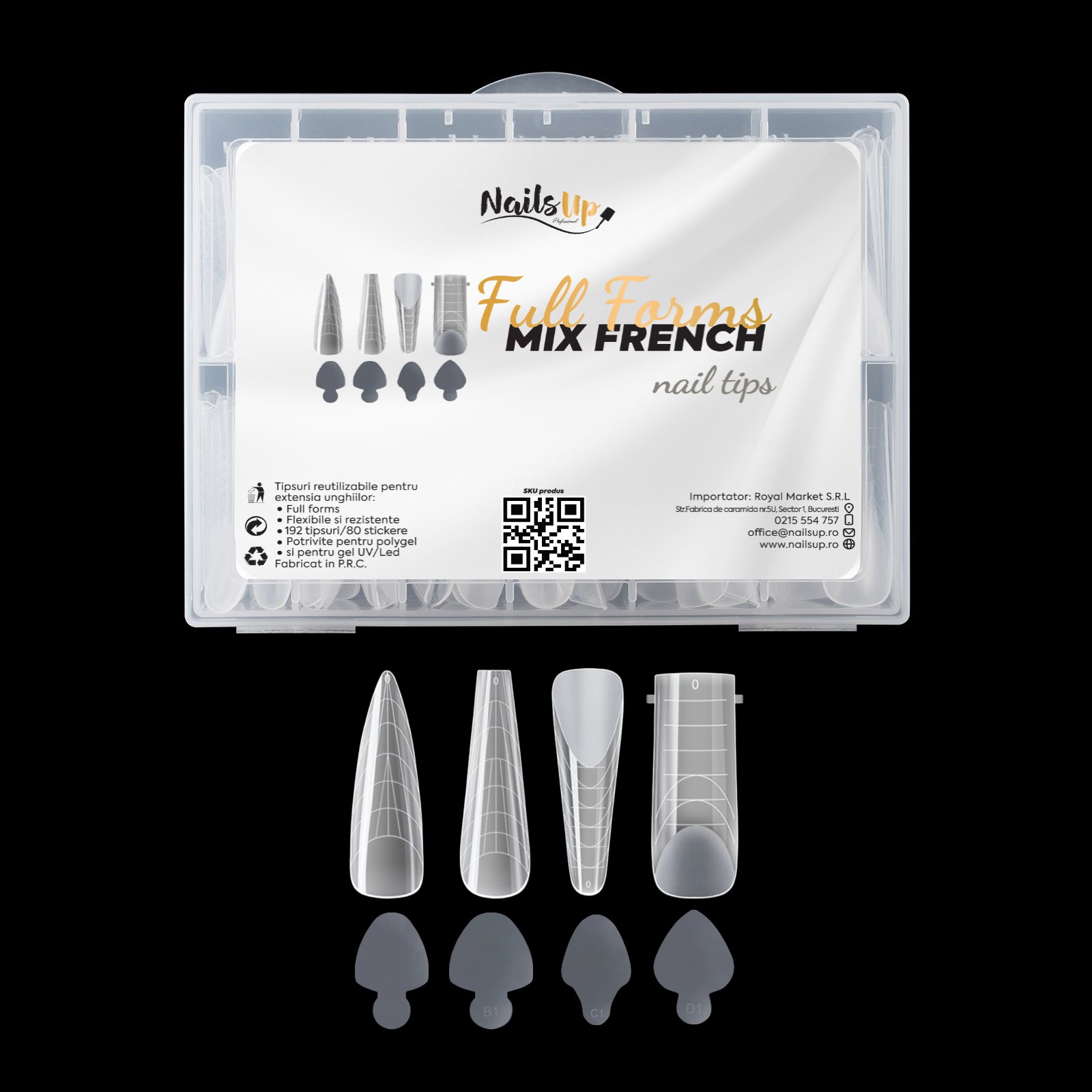 Tipsuri Reutilizabile NAILSUP Full Forms Mix French, 192 buc + 96 Stickere French
