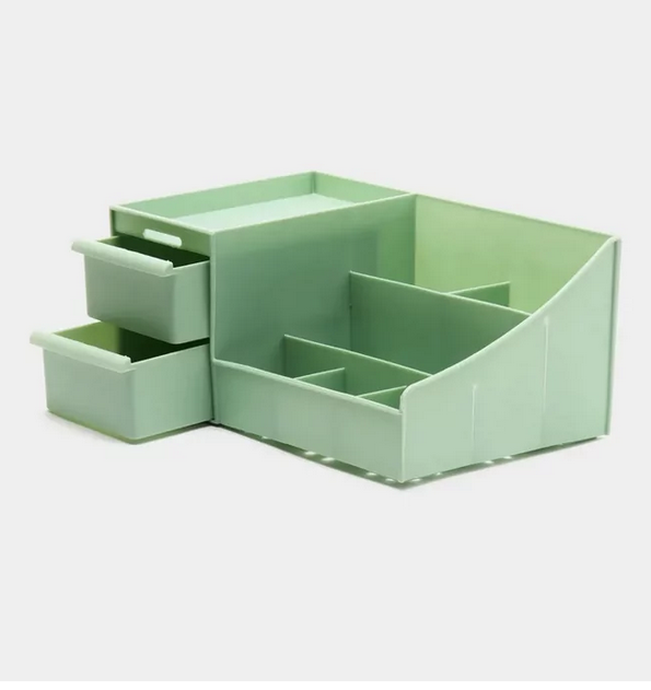 Organizator Multifuncțional pentru Cosmetice, Machiaj și Accesorii de Birou, cu 2 Sertare și Compartimente pentru Depozitare, Verde Mentă
