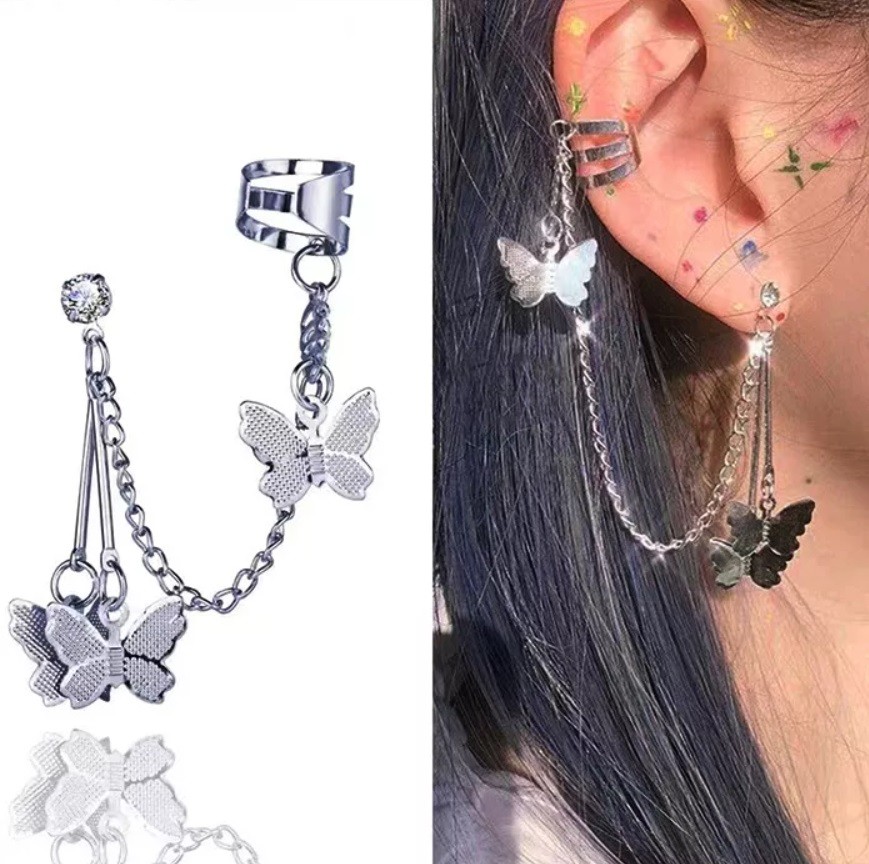 Cercel Argintiu tip Ear Cuff Model Lant cu Fluturi