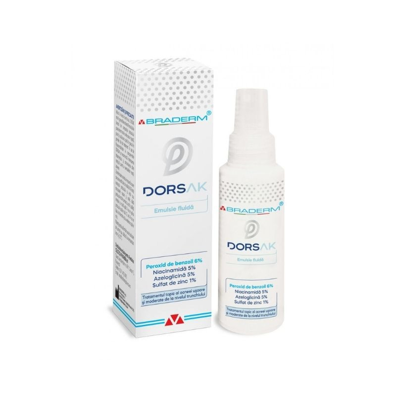 Spray cu emulsie fluida pentru acneea trunchiului Dorsak, 100ml, Braderm