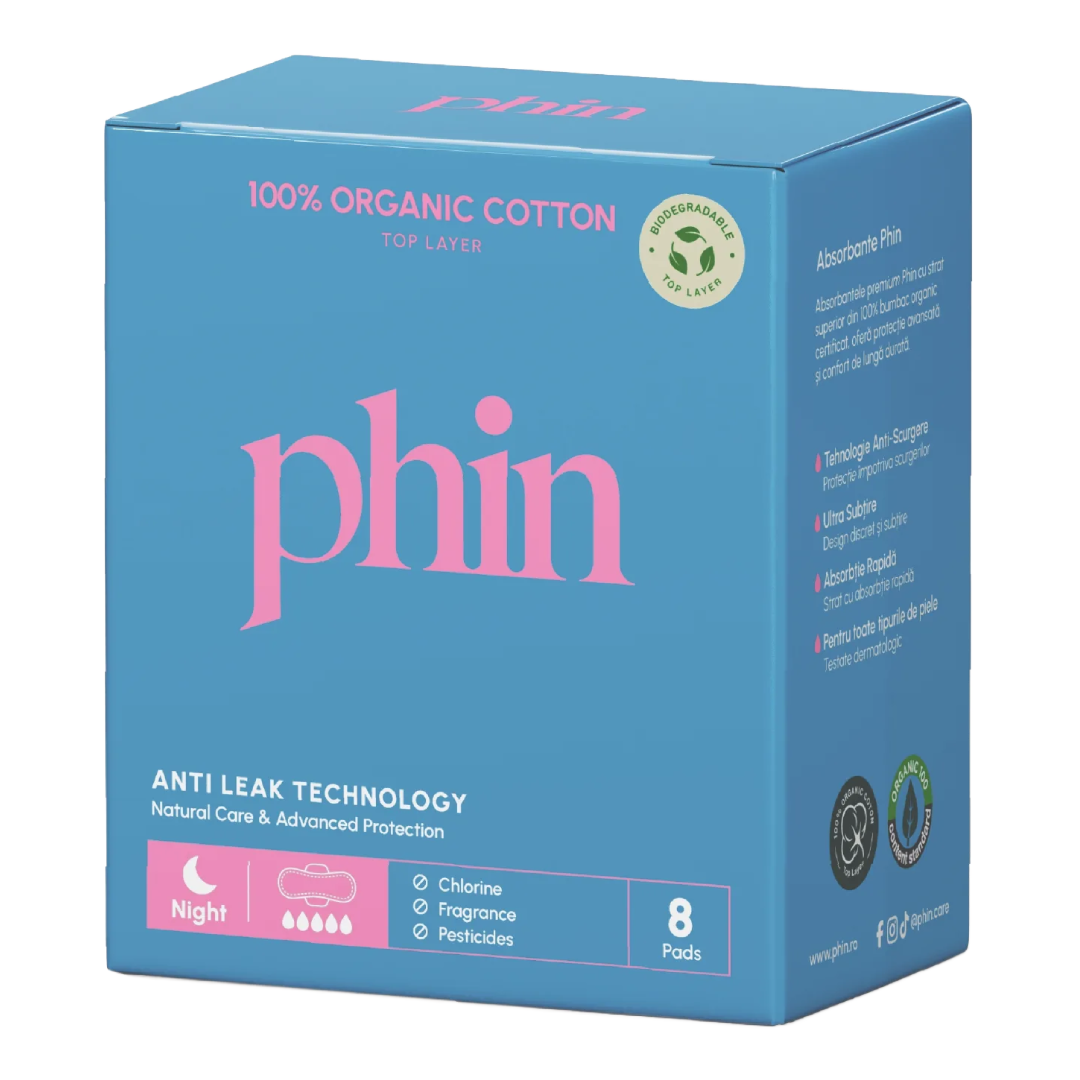 Absorbante de noapte din Bumbac Organic, 8 bucati, Phin
