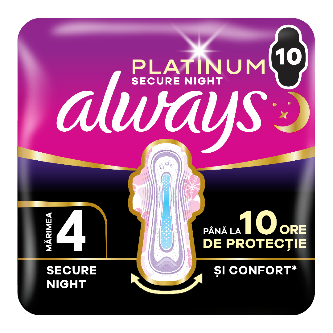 Absorbante Platinum Secure Night, marimea 4, 10 bucati, Always