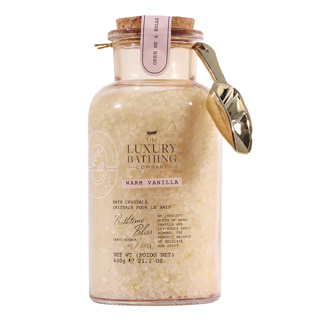 Cristale de baie in borcan de sticla Bathtime Bliss, Warm Vanilla, 600 g, The Luxury Bathing Company