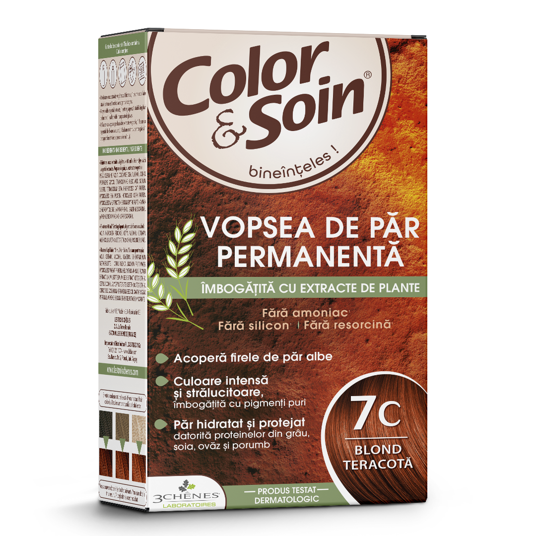 Vopsea de par fara amoniac, fara silicon, blond teracota, 7C, Color&Soin