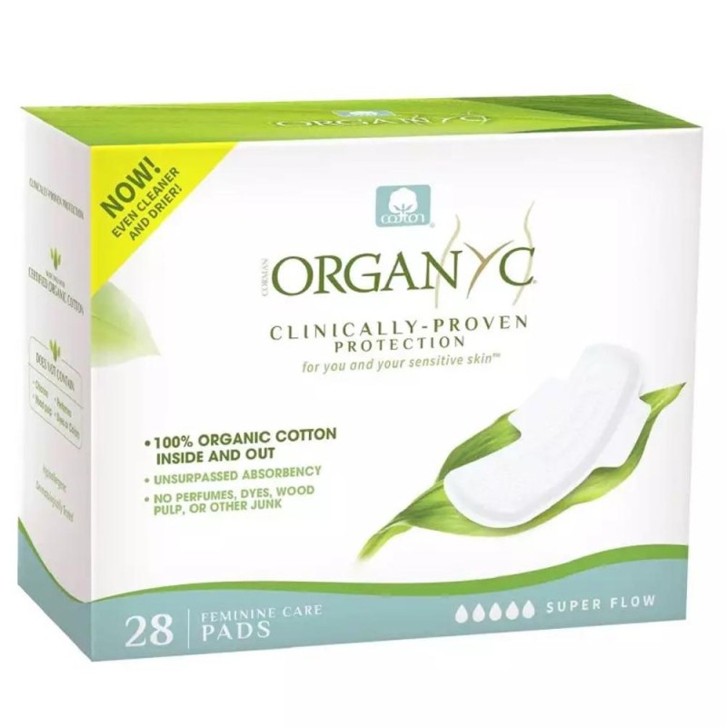 Absorbante din Bumbac Organic, Flux Menstrual Abundent, 4 Pachete x 7 Bucati, Organyc