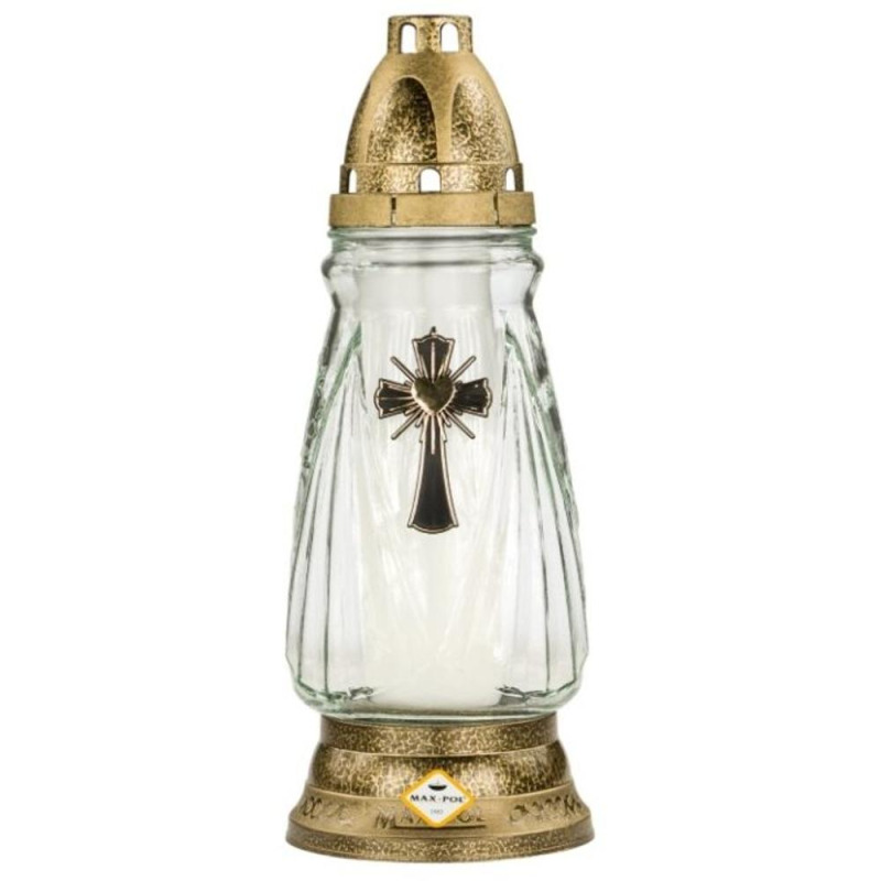 Candela Sticla Alba cu Ornament Albastru, Cruce Vitrali