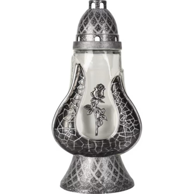Candela Sticla Alba cu Trandafir Argintiu