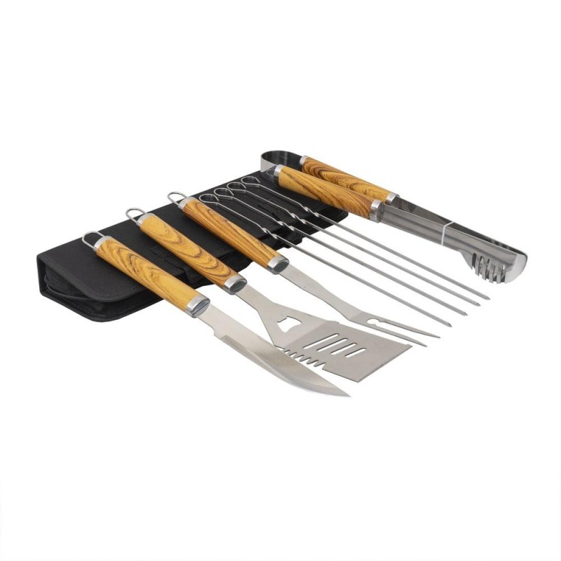 Piese Inox cu Maner de Lemn pentru Gratar si Borseta Depozitare, 8 Bucati