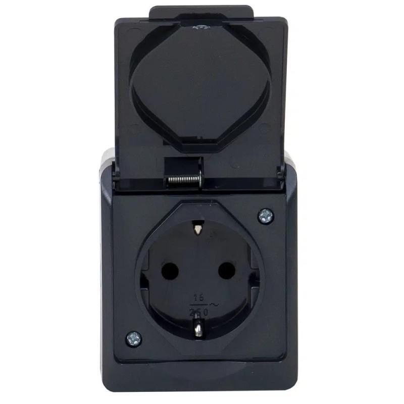 Priza Simpla cu Capac Negru Hermes, 16 A/250, IP44