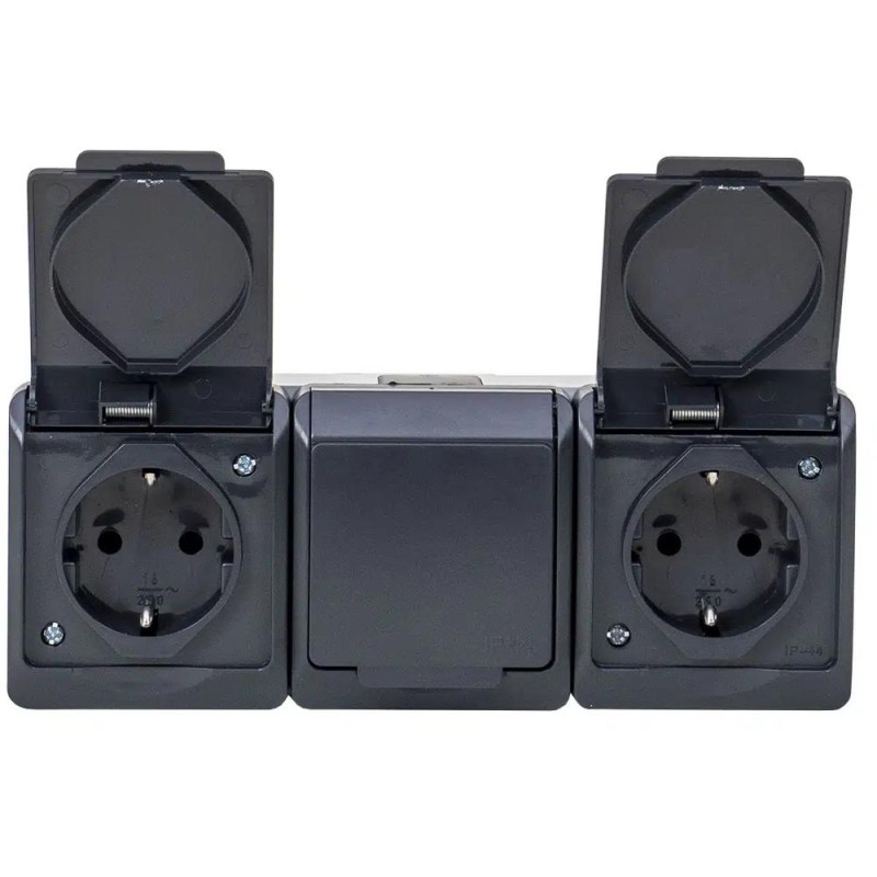 Priza Tripla cu Capac Negru Hermes, 16 A/250, IP44
